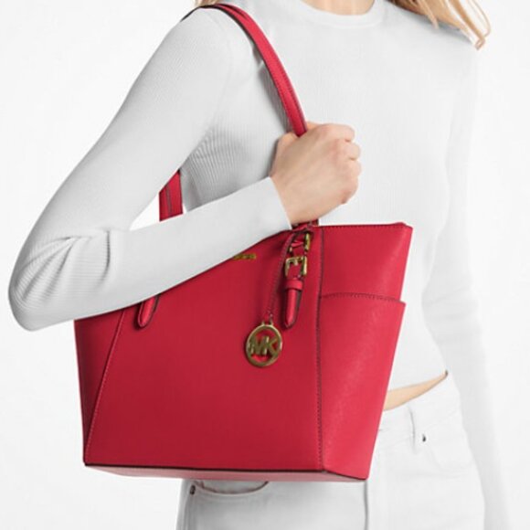 NWT MICHAEL KORS CHARLOTTE LARGE TOP ZIP SAFFIANO LEATHER TOTE BAG BRIGHT RED - Picture 4 of 16